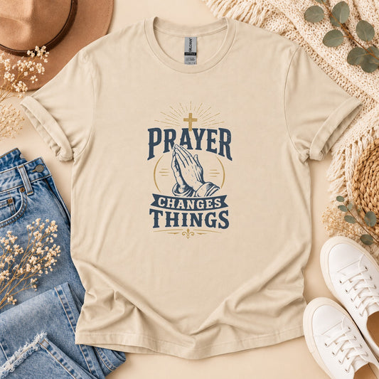 Prayer Changes Things Vintage Woodcut Christian t-shirt – front view | Nordenzi