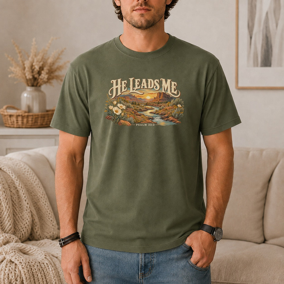 He Leads Me Western Desert T-Shirt