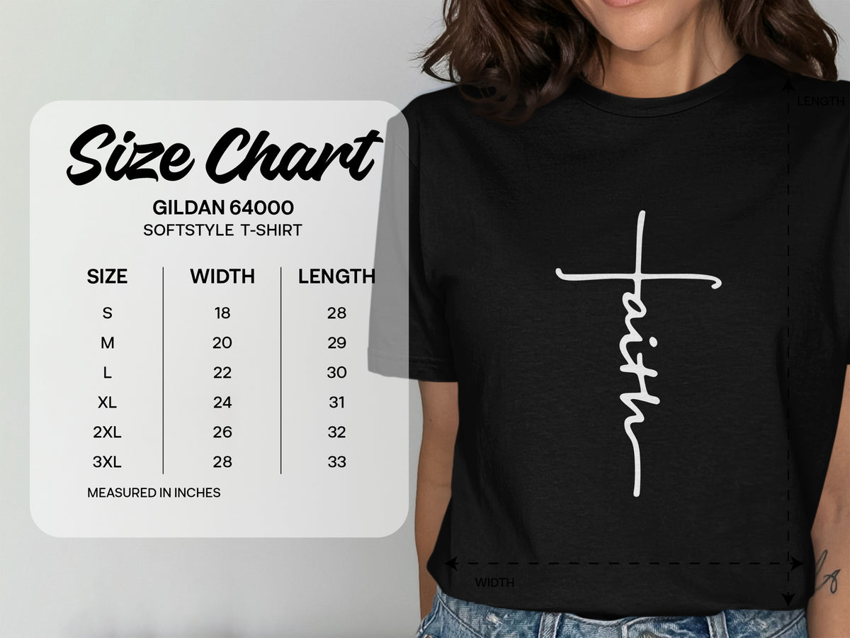 Gildan 64000 Softstyle t-shirt size chart with width and length measurements in inches.