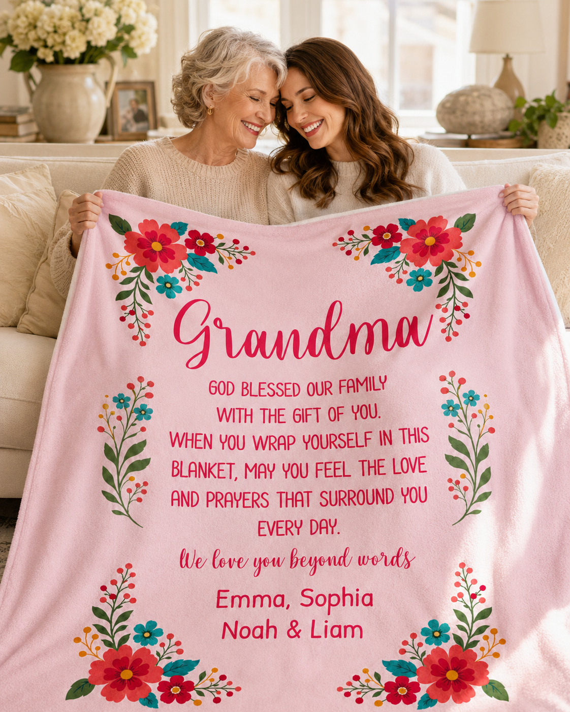 Personalized Grandma Blanket – Floral Keepsake with Grandkids' Names