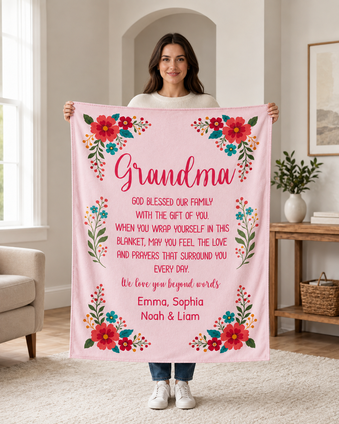 Personalized Grandma Blanket – Floral Keepsake with Grandkids' Names