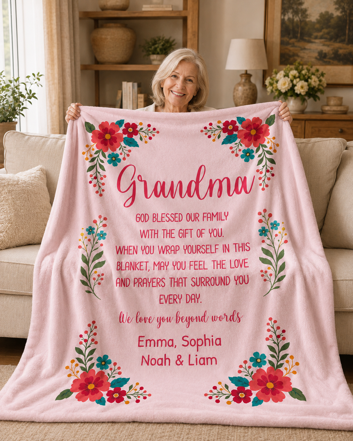 Personalized Grandma Blanket – Floral Keepsake with Grandkids' Names