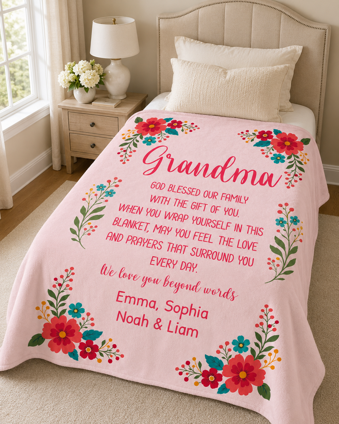 Personalized Grandma Blanket – Floral Keepsake with Grandkids' Names