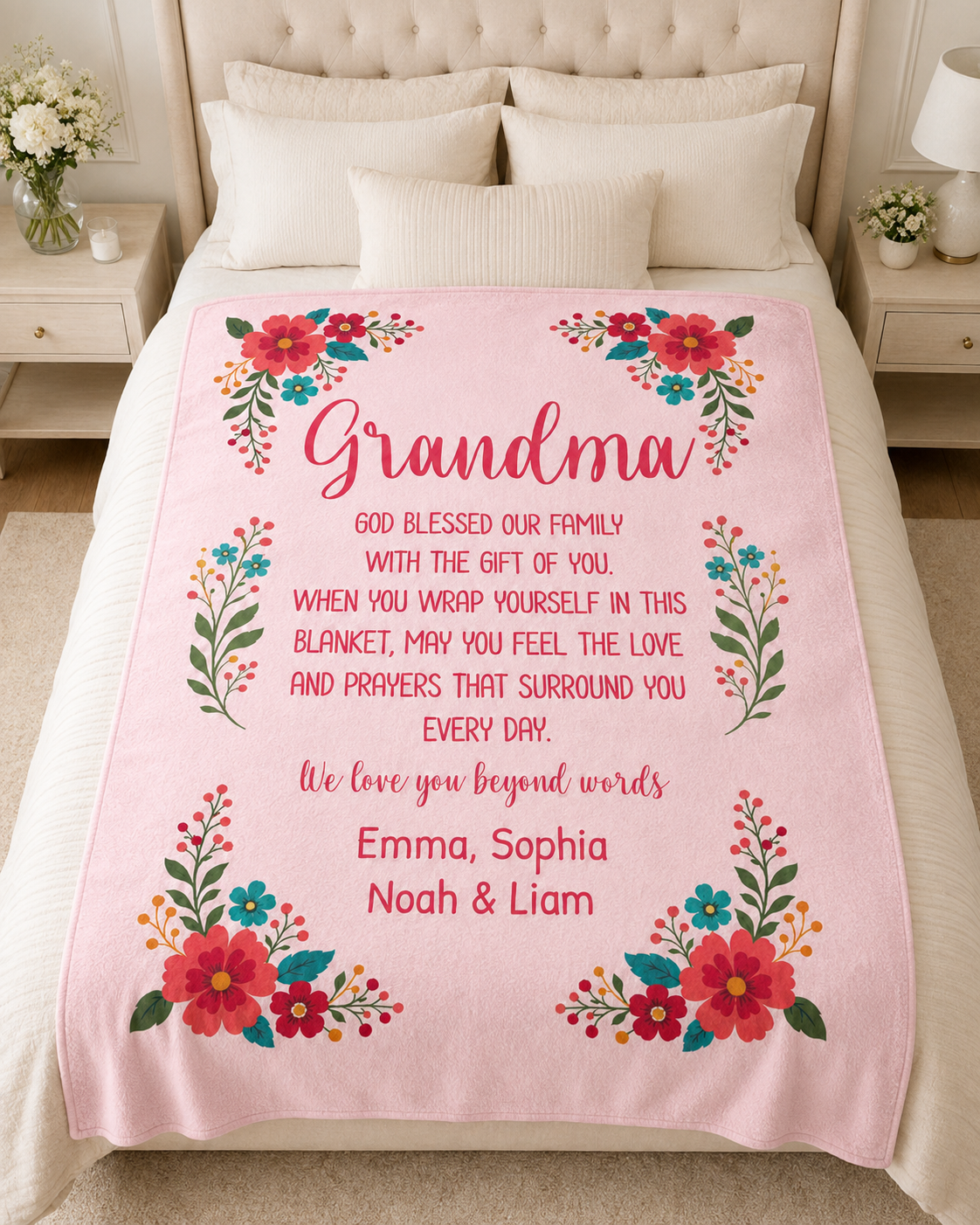 Personalized Grandma Blanket – Floral Keepsake with Grandkids' Names