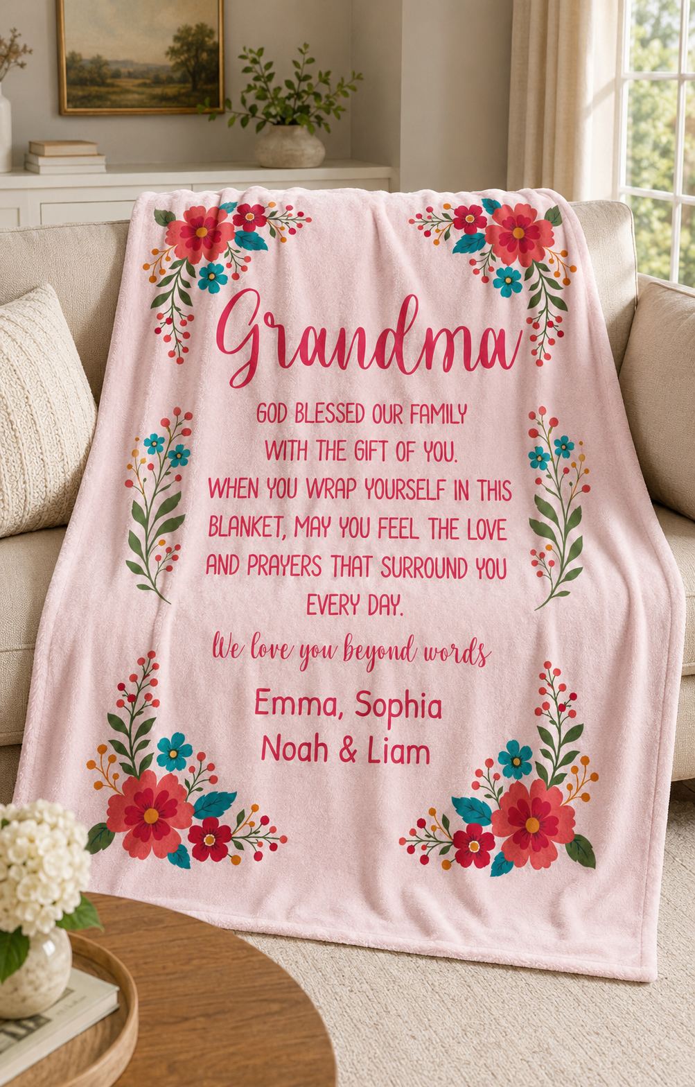Personalized Grandma Blanket – Floral Keepsake with Grandkids' Names
