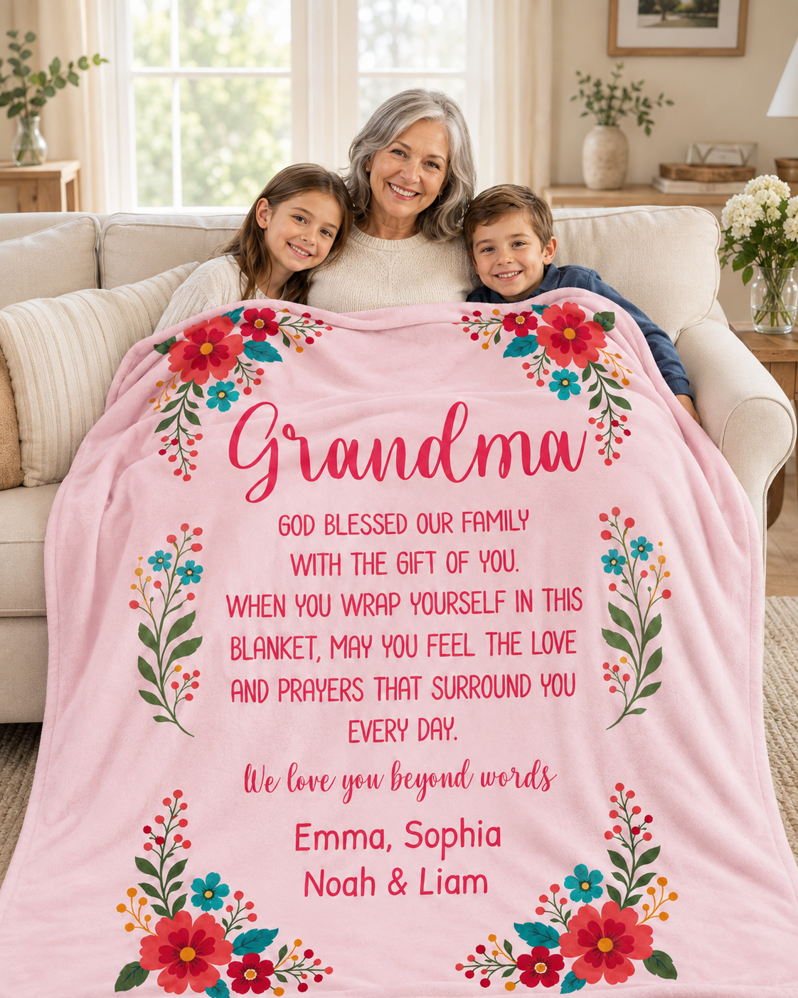 Personalized Grandma Blanket – Floral Keepsake with Grandkids' Names