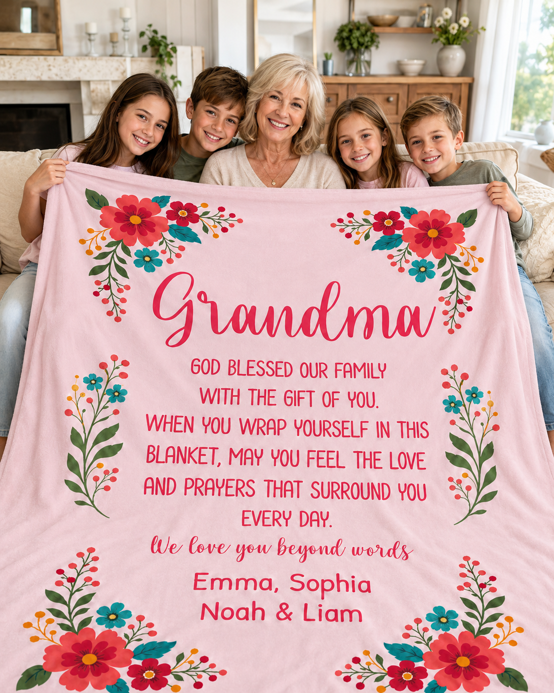 Personalized Grandma Blanket – Floral Keepsake with Grandkids' Names