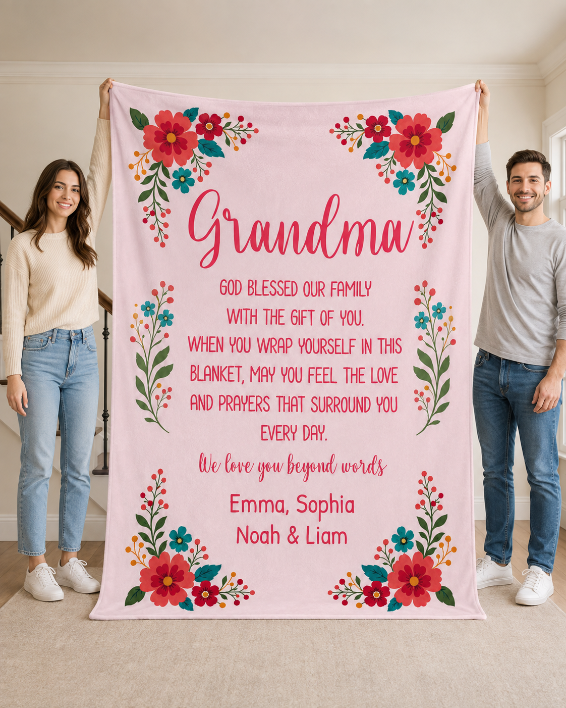 Personalized Grandma Blanket – Floral Keepsake with Grandkids' Names
