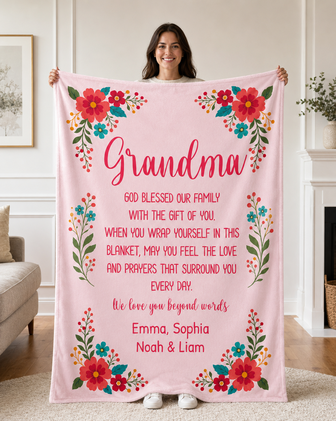 Personalized Grandma Blanket – Floral Keepsake with Grandkids' Names