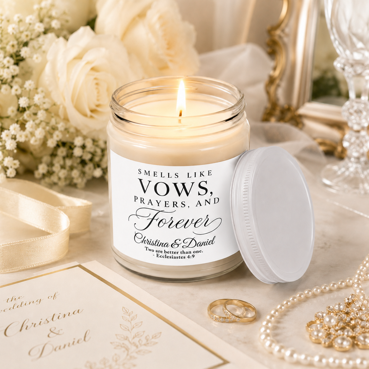 Eternal Vows Prayers candle lifestyle — personalized scented wedding gift | The Faith World