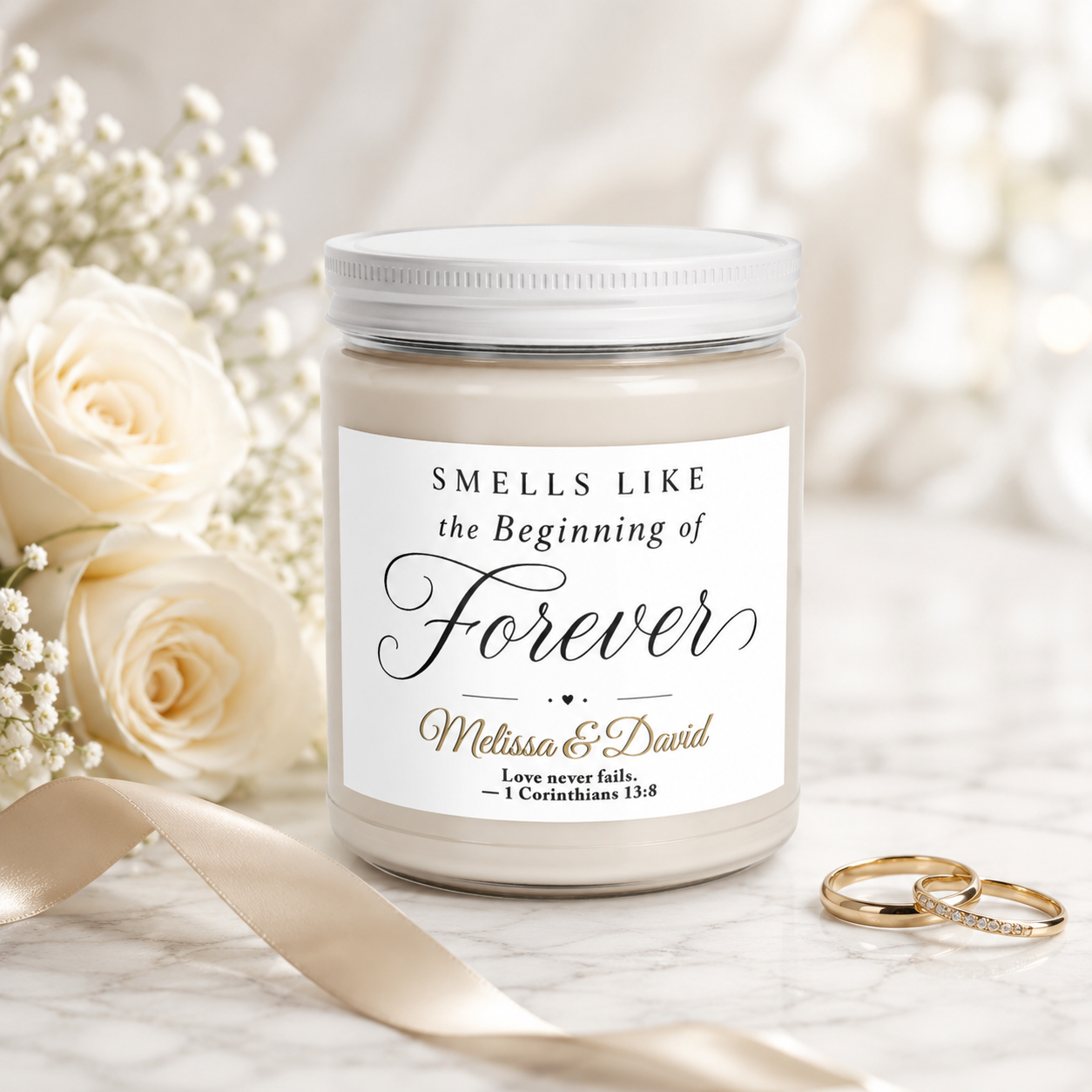 Beginning of Forever scented candle with names — meaningful faith gift for couple | The Faith World