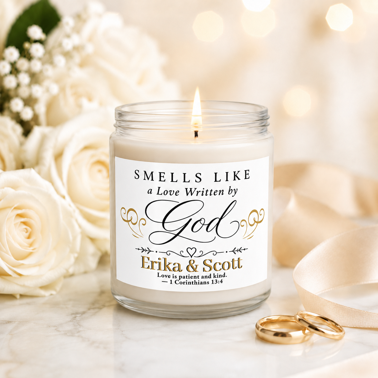 Love Written by God scented candle close-up — faith gift for newlyweds | The Faith World