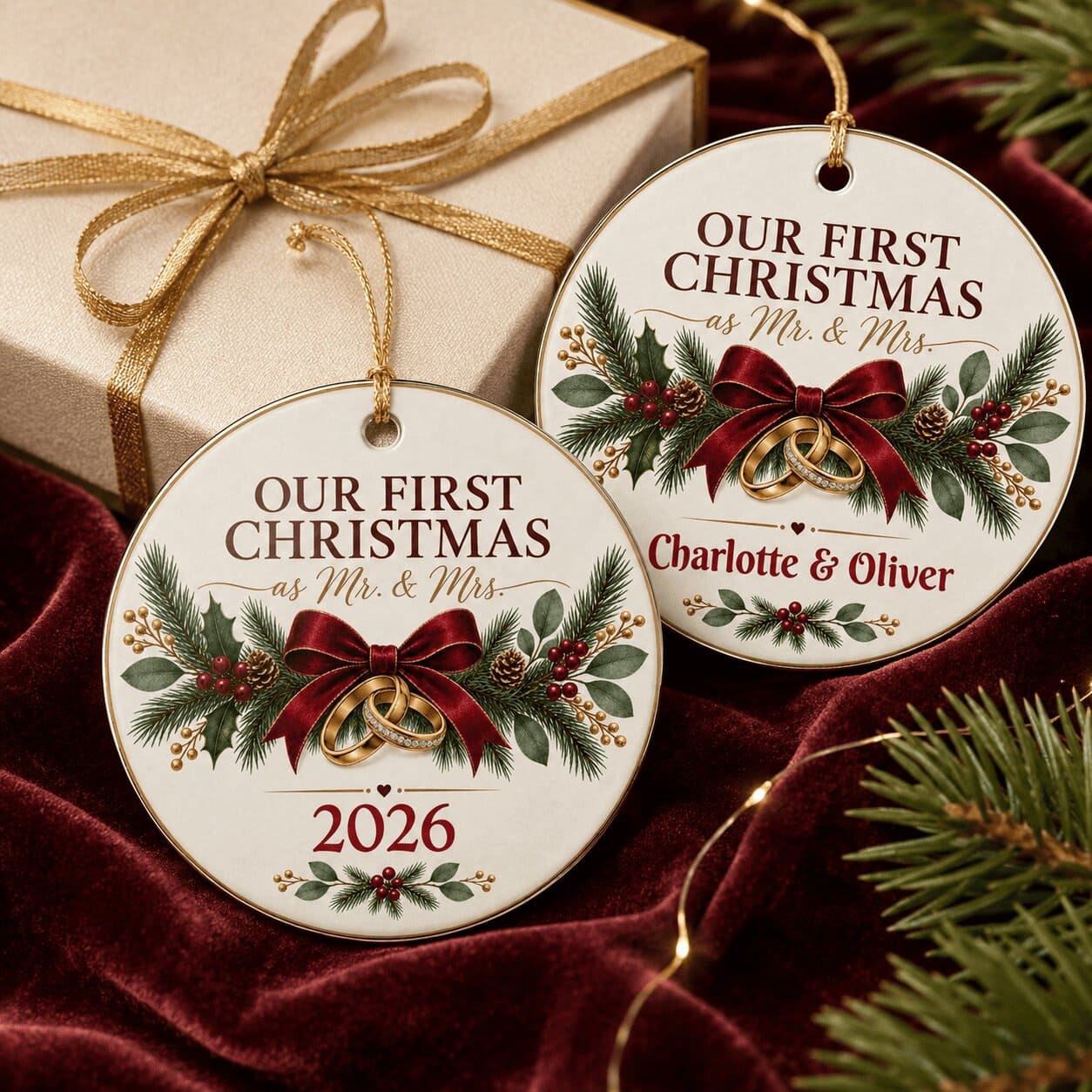 First Christmas Mr. & Mrs. Ornament — Personalized Wedding/Newlywed Holiday Keepsake