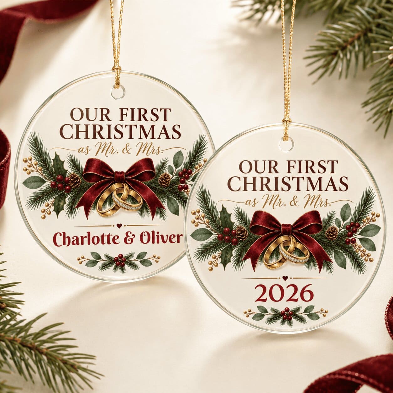 First Christmas Mr. & Mrs. Ornament — Personalized Wedding/Newlywed Holiday Keepsake