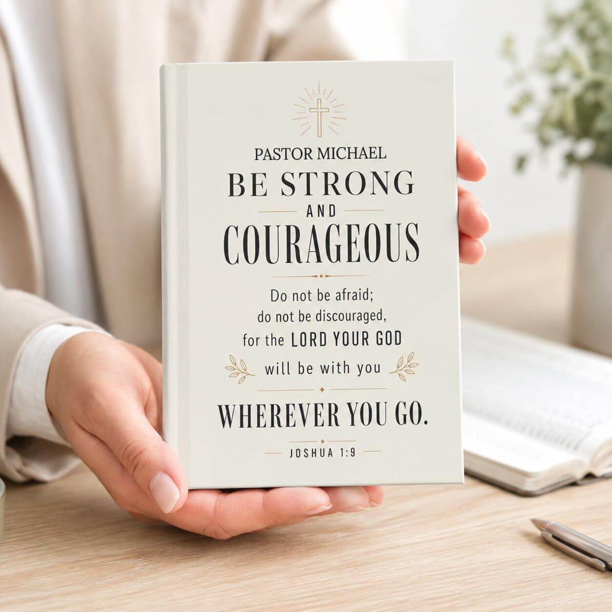 Be Strong and Courageous Pastor Journal — Personalized Joshua 1:9 Appreciation Gift