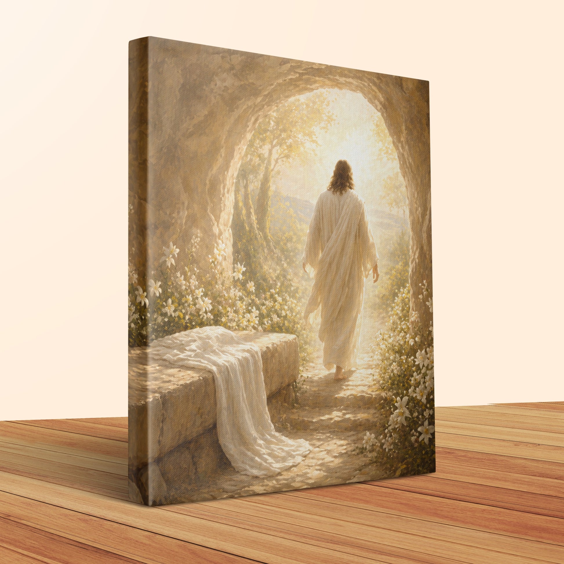 Jesus in a white robe walks from an empty tomb toward bright sunlight.