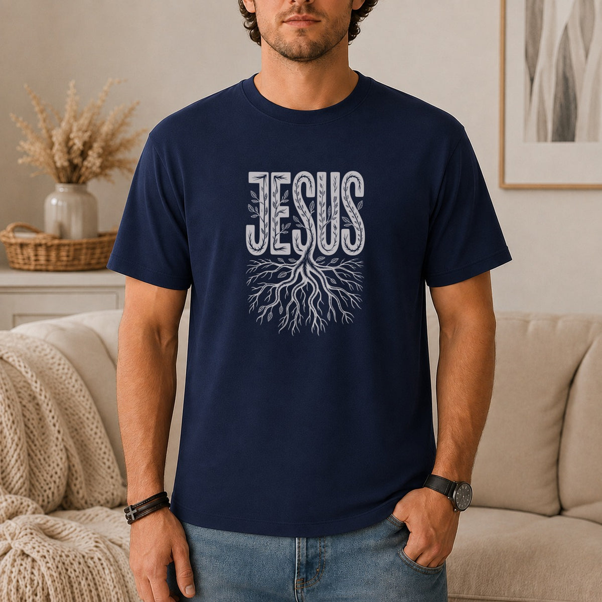 Navy t-shirt with "JESUS" text and tree roots graphic.