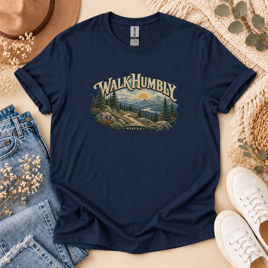 Walk Humbly Mountain Trail Christian t-shirt (Micah 6:8) – front view | Nordenzi