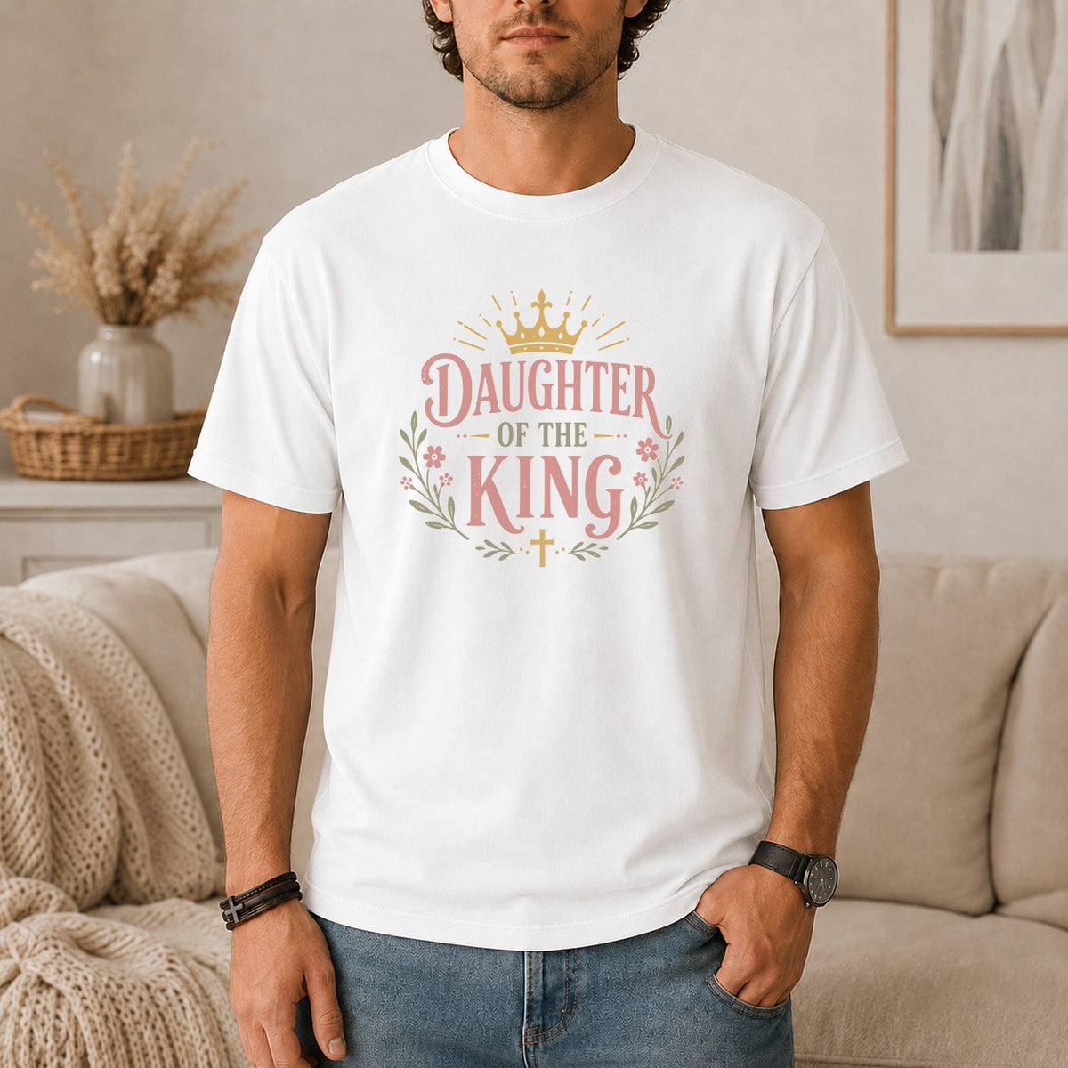 White t-shirt with pink text "DAUGHTER OF THE KING" and a crown graphic.