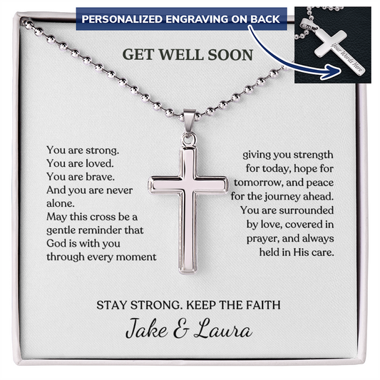 Get Well Soon Cross Necklace with Personalized Card – Engraved Faith Gift for Someone Sick