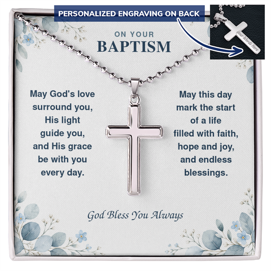 Personalized Baptism Gift for Boy – Engraved Cross Necklace