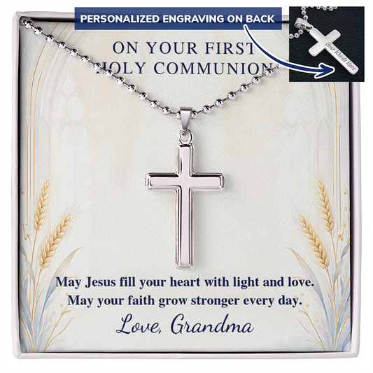 On Your First Holy Communion – Engraved Cross Necklace with Ball Chain