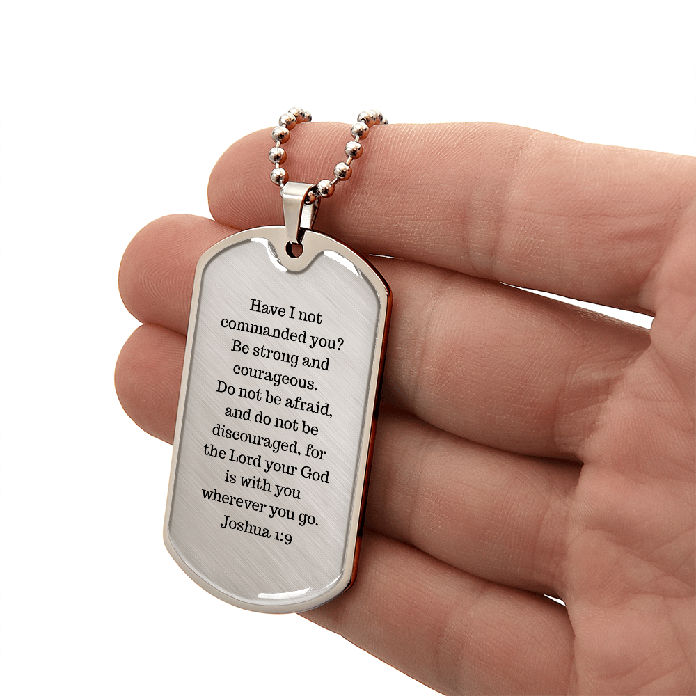 Luxury Christian dog tag necklace with Joshua 1:9 engraving — faith gift for him | Nordenzi