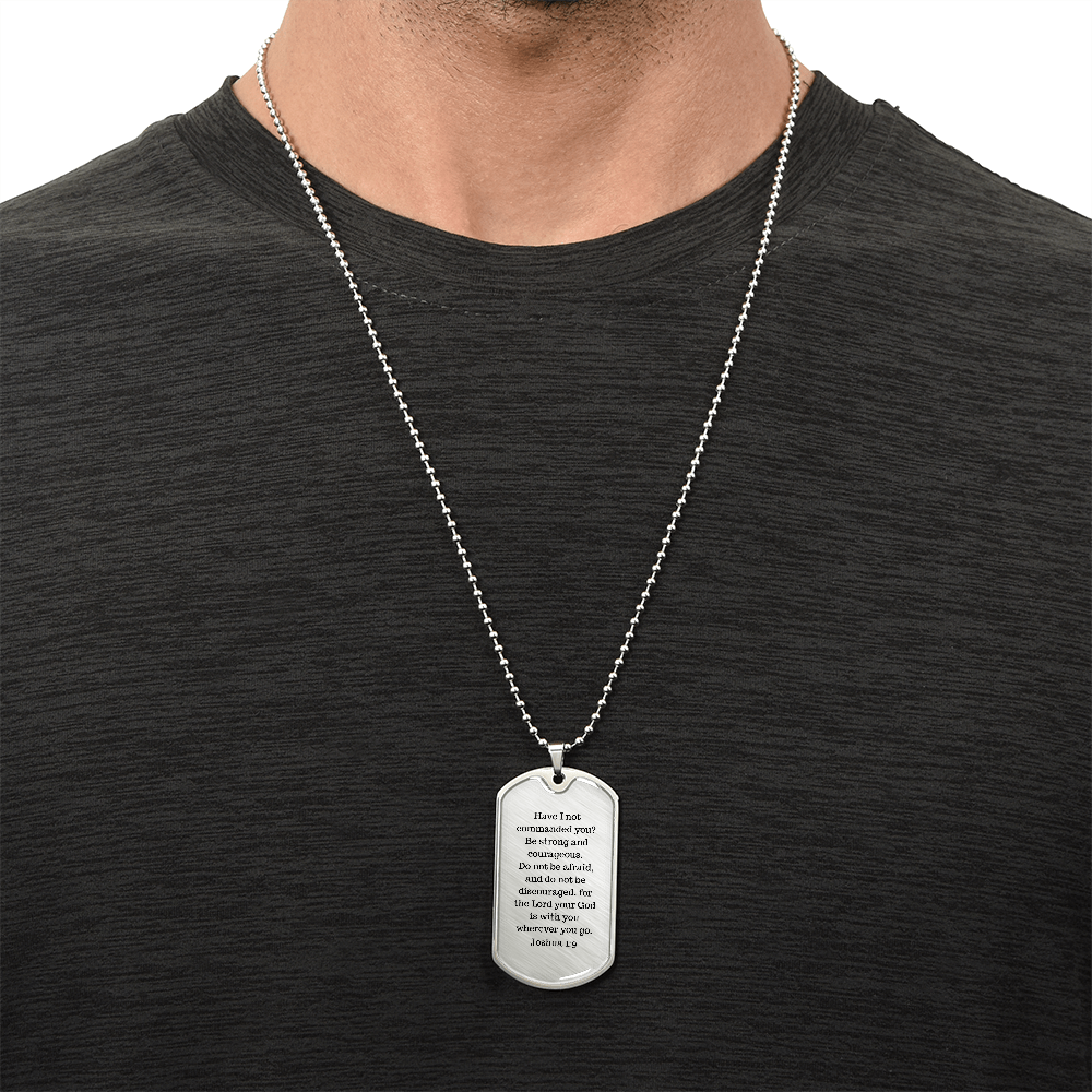 Luxury Christian dog tag necklace with Joshua 1:9 engraving — faith gift for him | Nordenzi