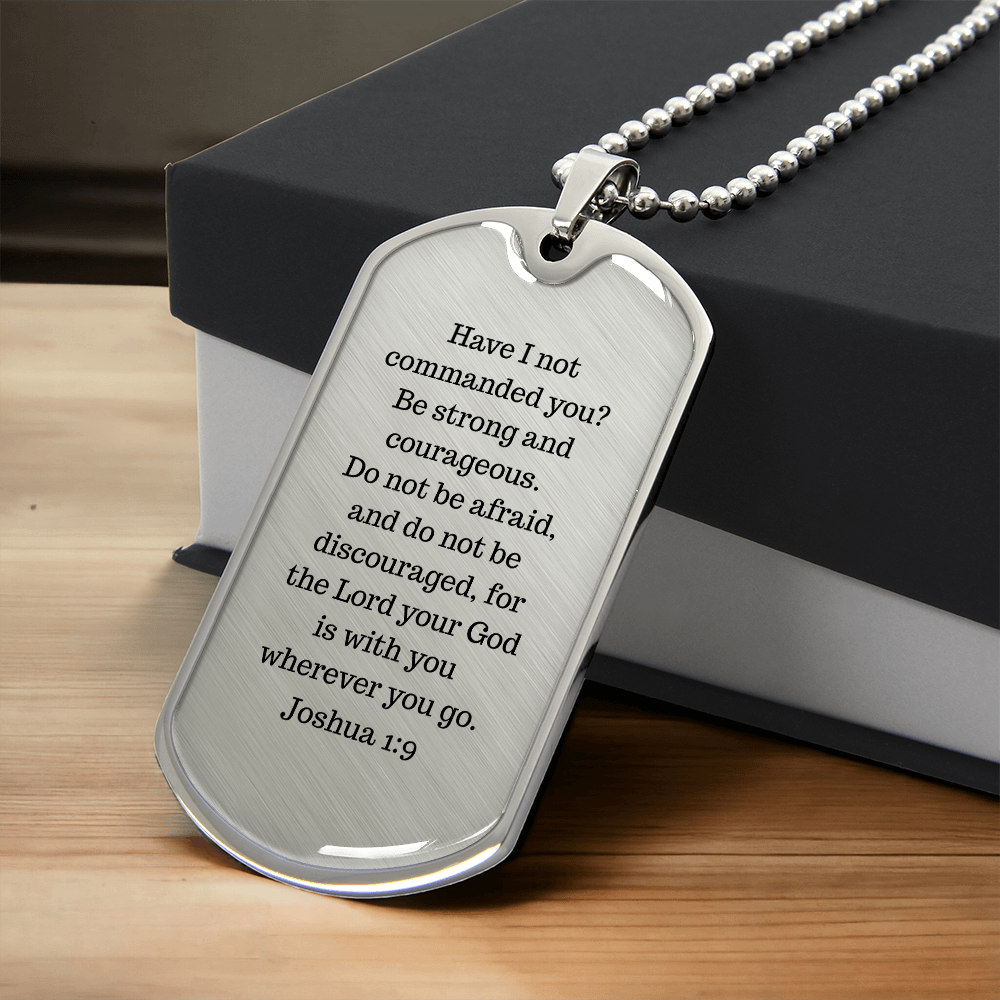 Luxury Christian dog tag necklace with Joshua 1:9 engraving — faith gift for him | Nordenzi