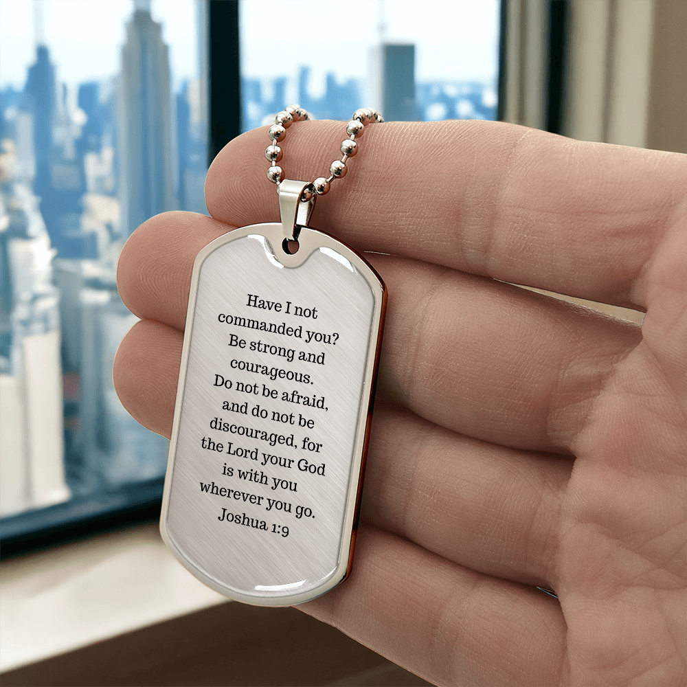Luxury Christian dog tag necklace with Joshua 1:9 engraving — faith gift for him | Nordenzi