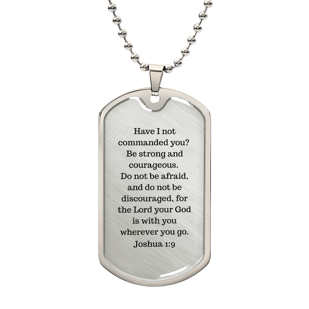 Luxury Christian dog tag necklace with Joshua 1:9 engraving — faith gift for him | Nordenzi