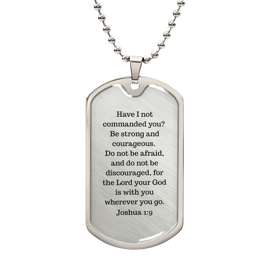 Luxury Christian dog tag necklace with Joshua 1:9 engraving — faith gift for him | The Faith World