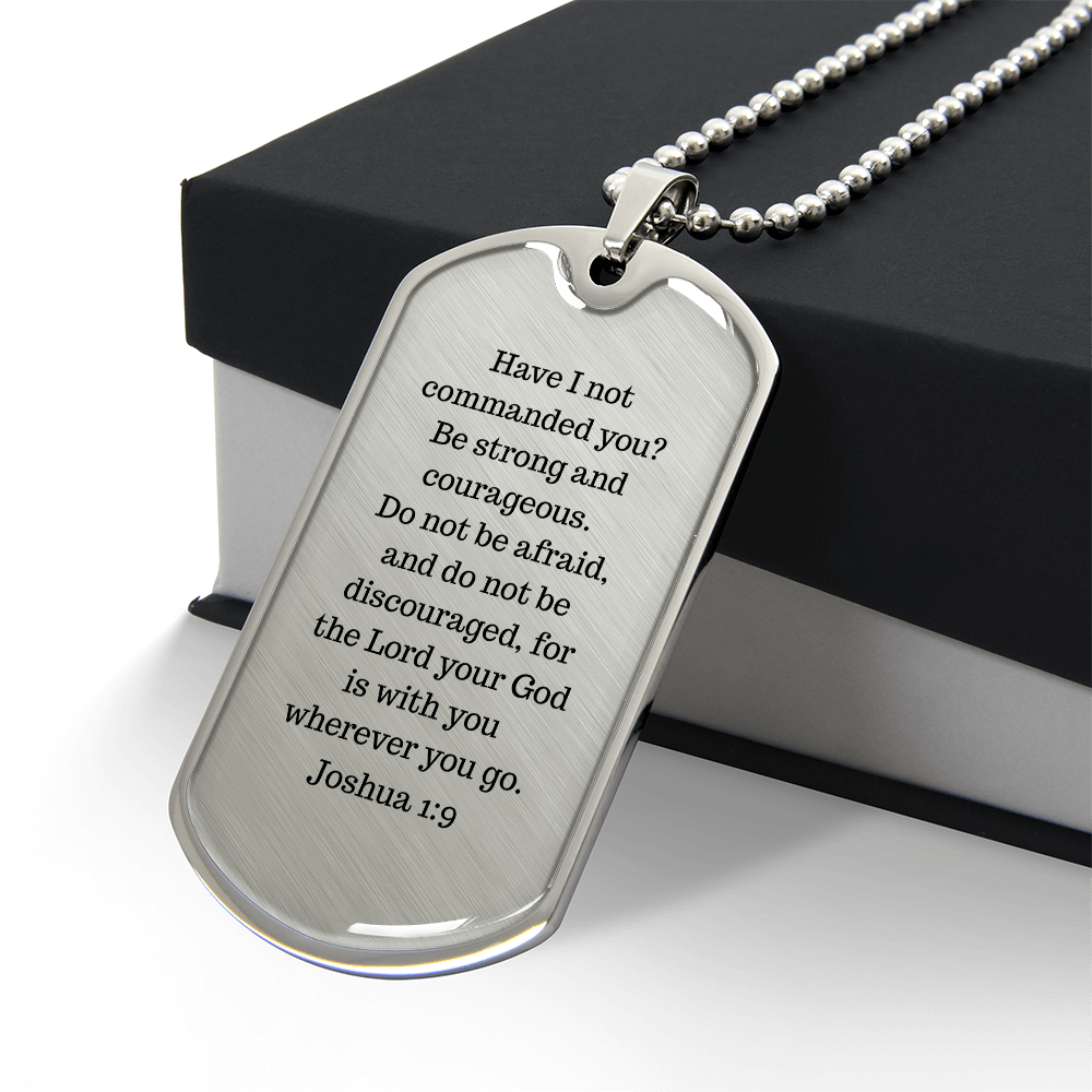 Luxury Christian dog tag necklace with Joshua 1:9 engraving — faith gift for him | Nordenzi