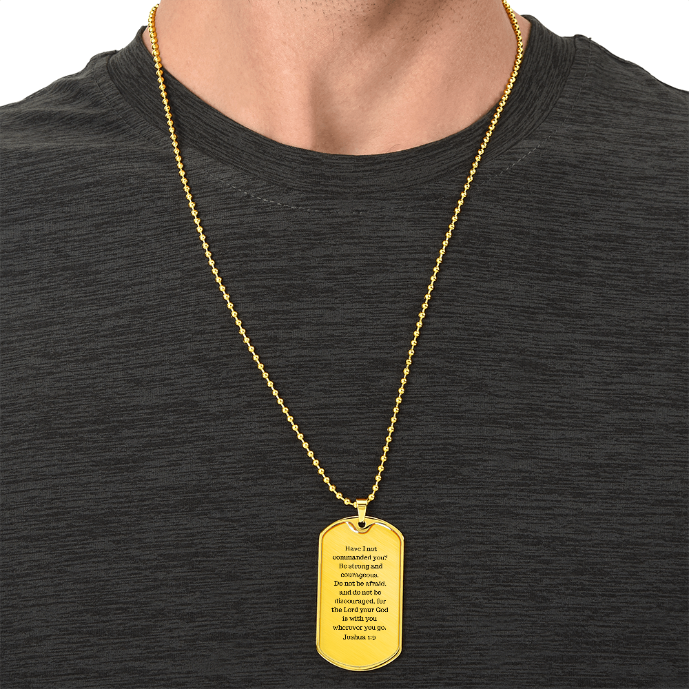 Luxury Christian dog tag necklace with Joshua 1:9 engraving — faith gift for him | Nordenzi