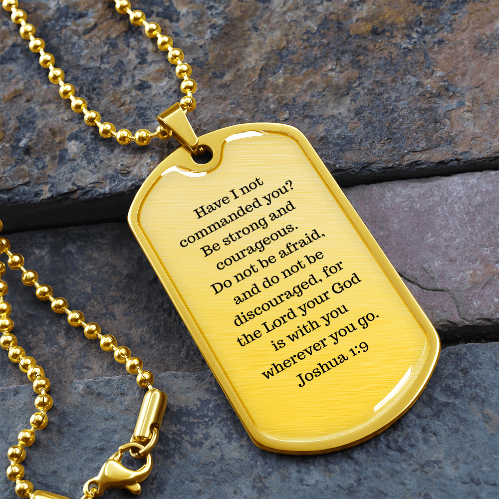 Luxury Christian dog tag necklace with Joshua 1:9 engraving — faith gift for him | Nordenzi