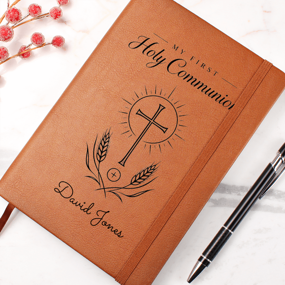 My First Holy Communion Journal — Personalized Keepsake with Radiant Cross & Wheat Design