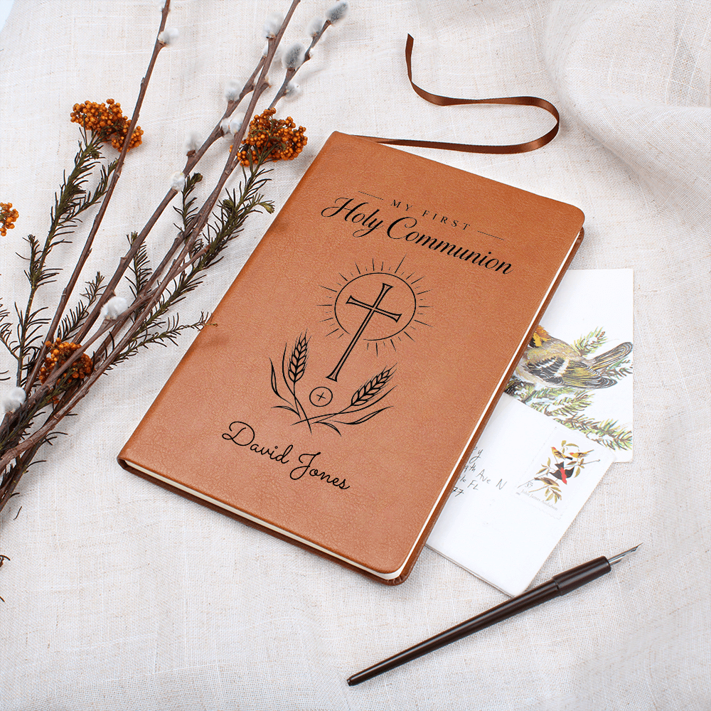 My First Holy Communion Journal — Personalized Keepsake with Radiant Cross & Wheat Design