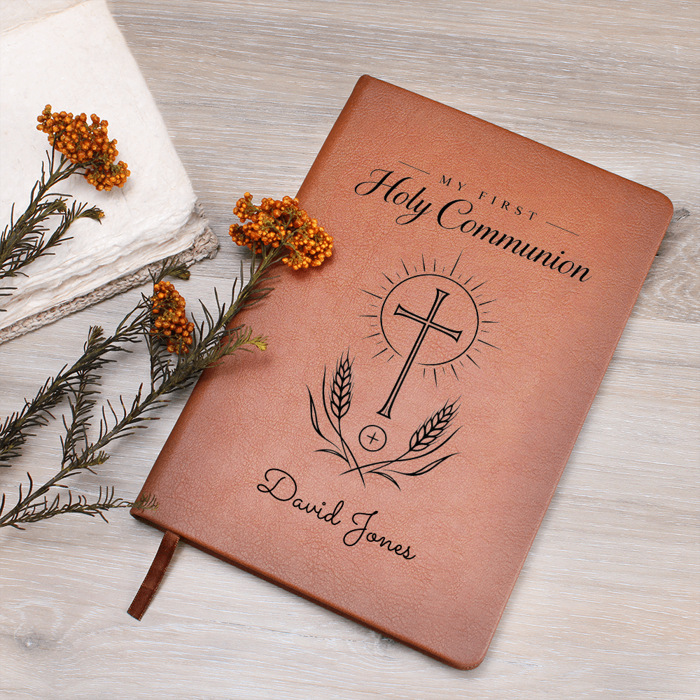 My First Holy Communion Journal — Personalized Keepsake with Radiant Cross & Wheat Design