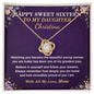 Sweet 16 love knot necklace in 18K yellow gold finish with Happy Sweet Sixteen card from Mom