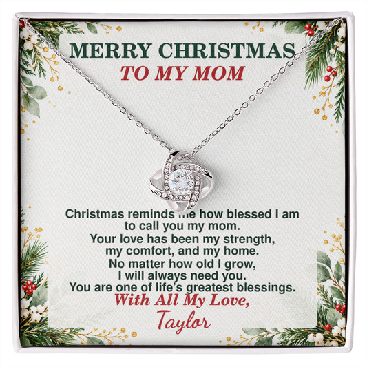 Christmas gift for Mom from daughter: love knot necklace in 14K white gold finish with Merry Christmas To My Mom card