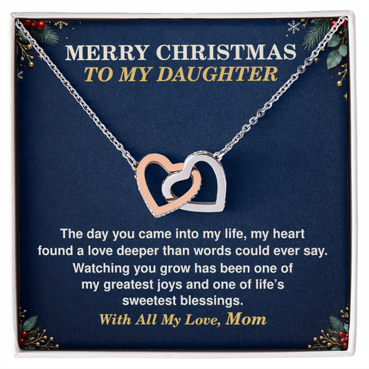 Mother daughter necklace: interlocking hearts Christmas gift for daughter with card from Mom