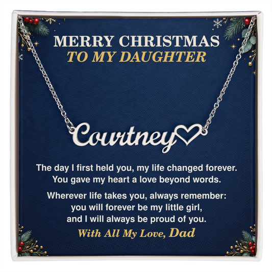 Christmas gift for daughter from Dad: personalized heart name necklace with Merry Christmas To My Daughter card