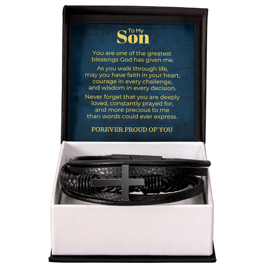 To My Son Cross Leather Bracelet