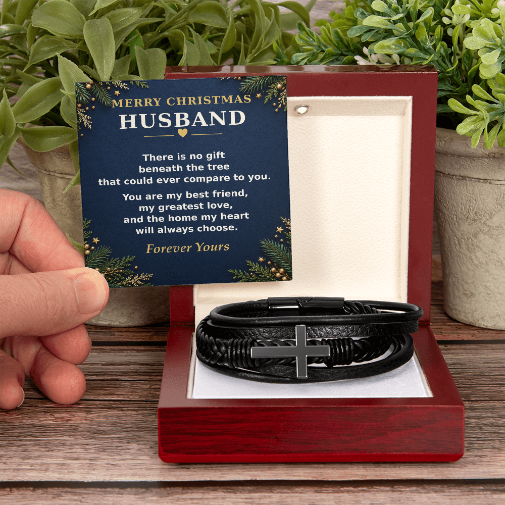 Men's Cross Leather Bracelet for Husband – Christmas Gift