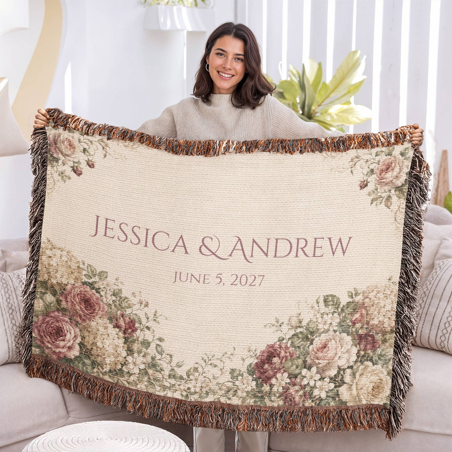 Personalized Wedding Blanket with Names & Date – Vintage Victorian Rose Couple Throw, Anniversary, Engagement & Bridal Shower Gift, 100% Cotton Woven Keepsake