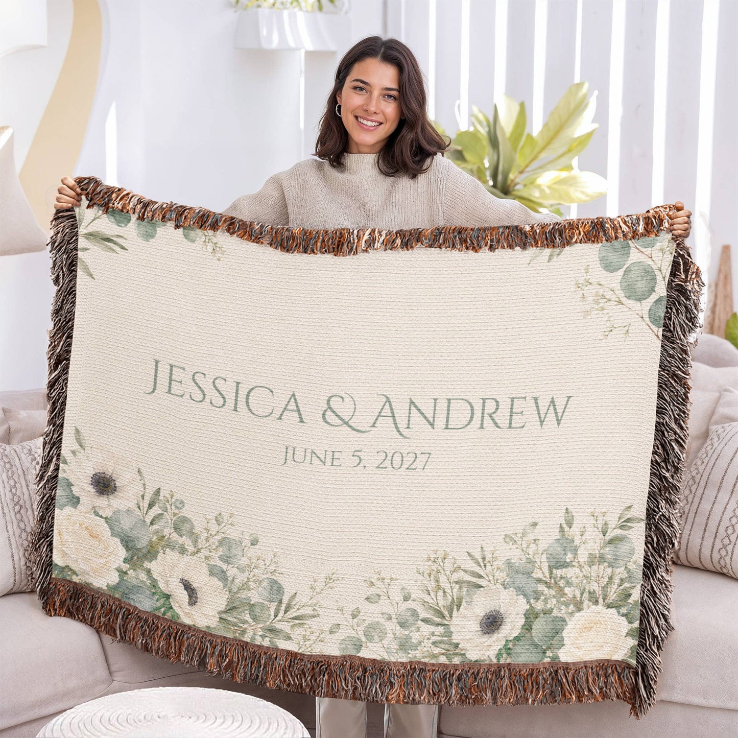 Personalized Wedding Blanket with Names & Date – Eucalyptus Greenery Couple Throw, Anniversary, Engagement & Bridal Shower Gift, 100% Cotton Woven Keepsake