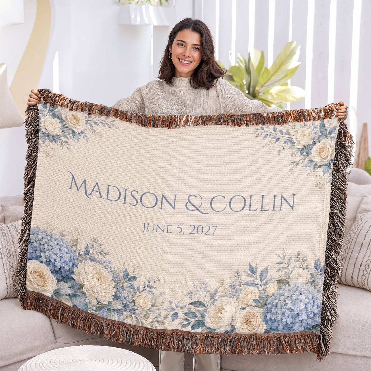 Personalized Wedding Blanket with Names & Date – Dusty Blue Hydrangea Couple Throw, "Something Blue" Anniversary, Engagement & Bridal Shower Gift, 100% Cotton Woven Keepsake