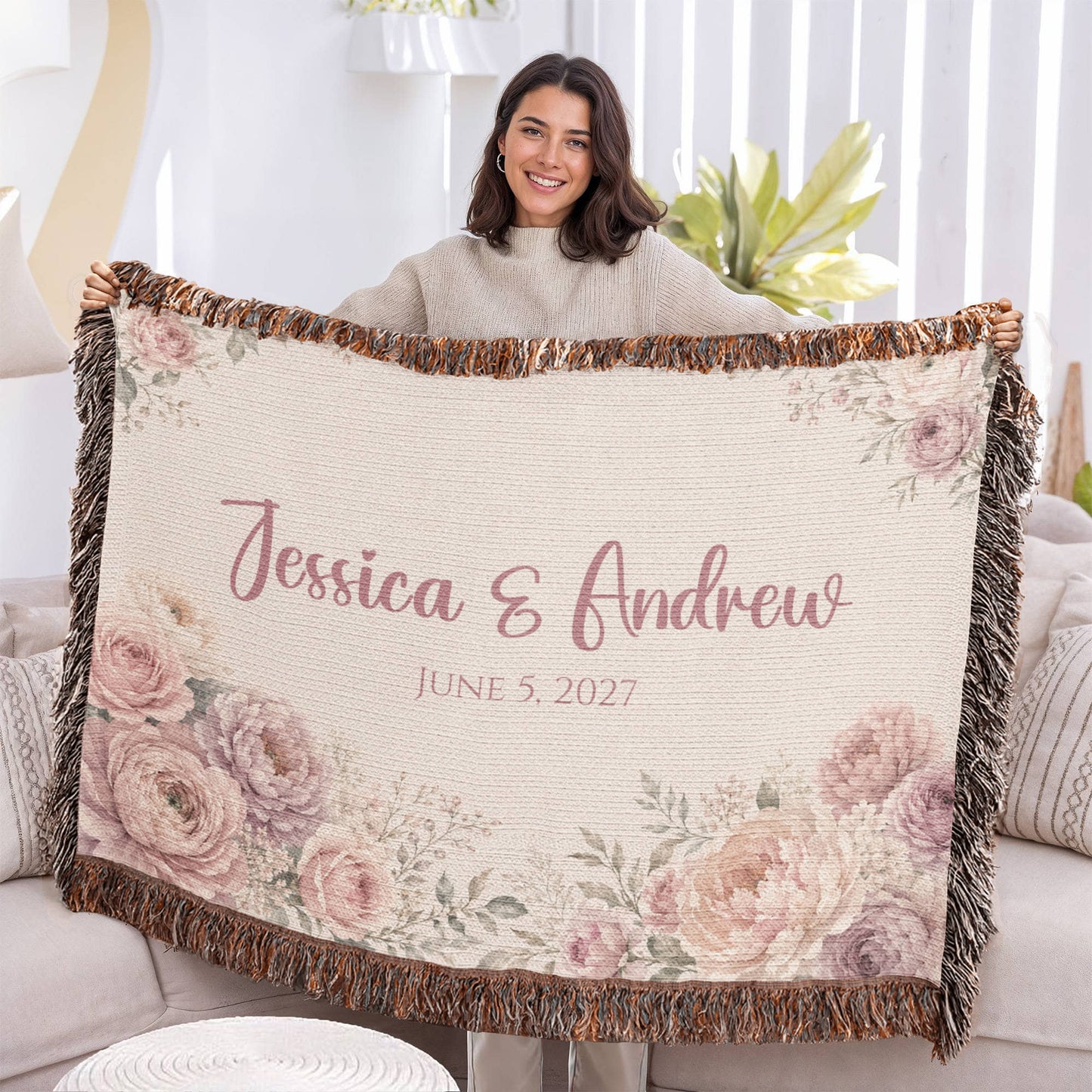 Personalized Wedding Blanket with Names & Date – Blush Pink Floral Couple Throw, Anniversary, Engagement & Bridal Shower Gift, 100% Cotton Woven Keepsake