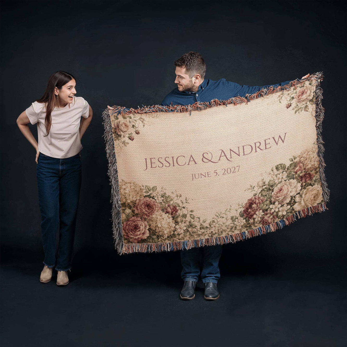 Personalized Wedding Blanket with Names & Date – Vintage Victorian Rose Couple Throw, Anniversary, Engagement & Bridal Shower Gift, 100% Cotton Woven Keepsake