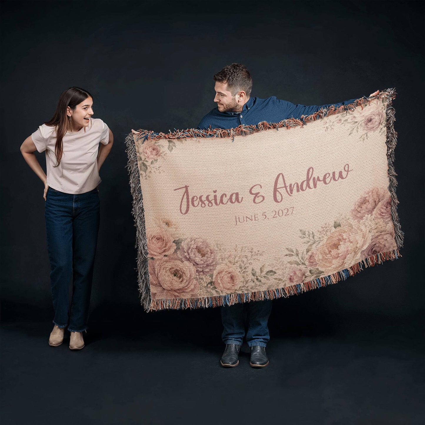 Personalized Wedding Blanket with Names & Date – Blush Pink Floral Couple Throw, Anniversary, Engagement & Bridal Shower Gift, 100% Cotton Woven Keepsake